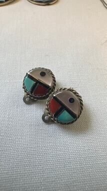 Zuni Vintage Sterling Silver Clip Earrings Turquoise Coral Mother of Pearl Onyx